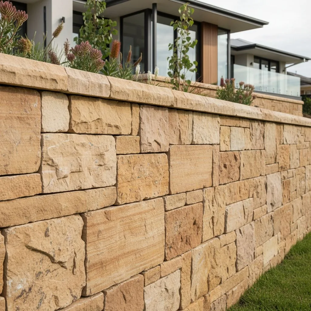 Textured masonry retaining wall with capping and planting above