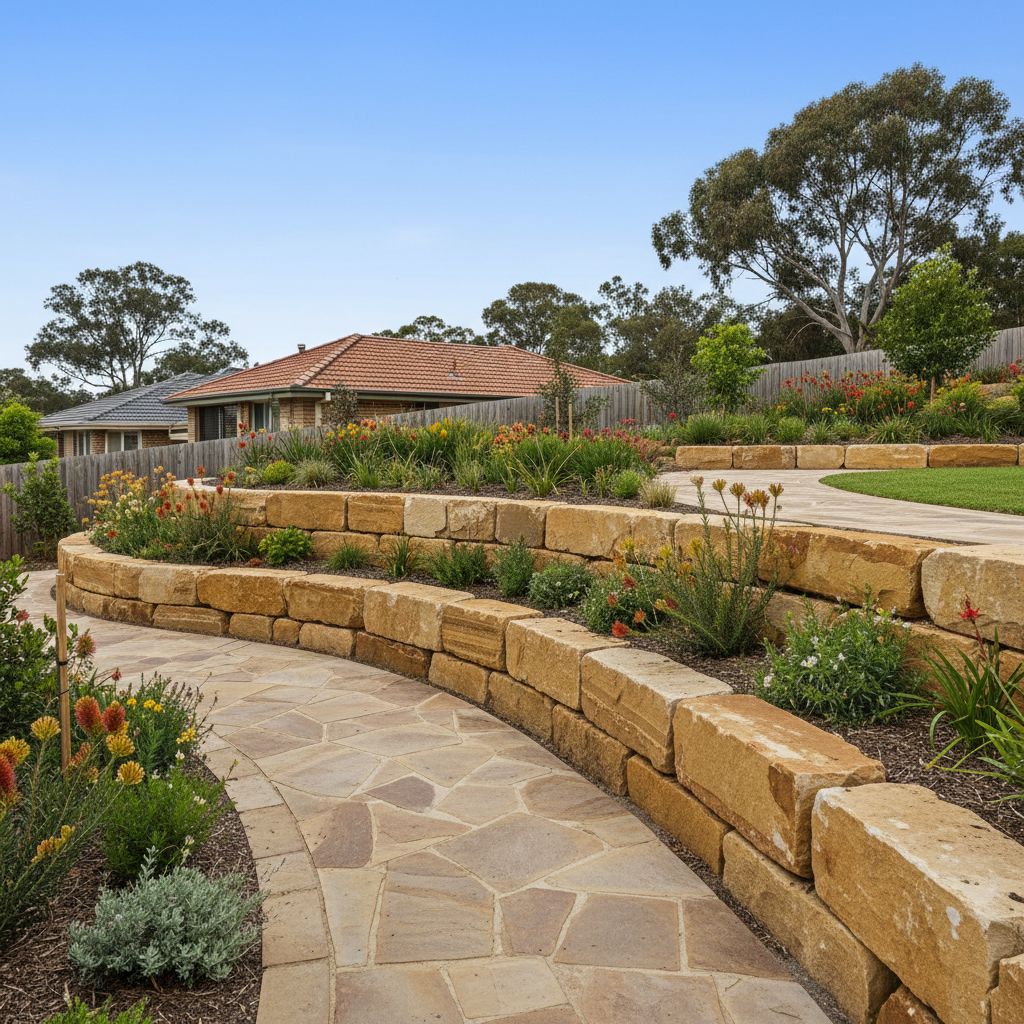 Two-tier sandstone retaining wall with terraced garden