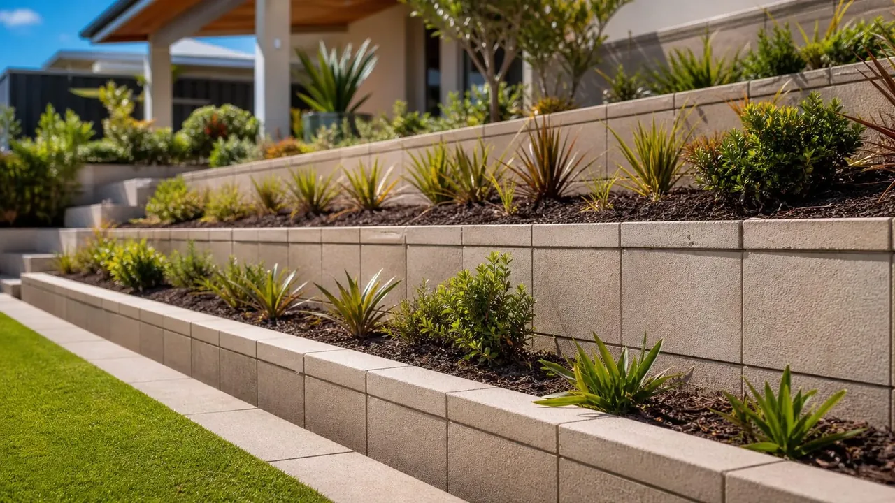 Stepped masonry garden walls with planted beds and a lawn below
